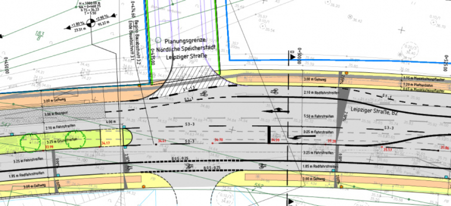 Lageplanausschnitt: Anschluss Leipziger Dreieck mit Anbindungen der B-Plan-Gebiete  Speicherstadt Nord und Brauhausberg